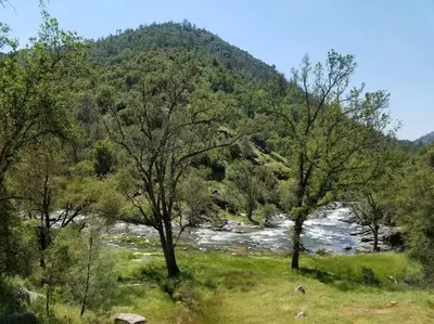 a river in a field with trees and a mountain at Loyah Cabin in Ahwahnee