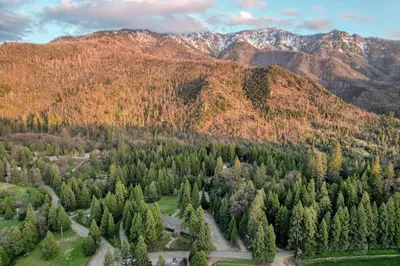 an aerial view of a forest with mountains at Big Pine Suite CN Lodge R#1 in Ponderosa