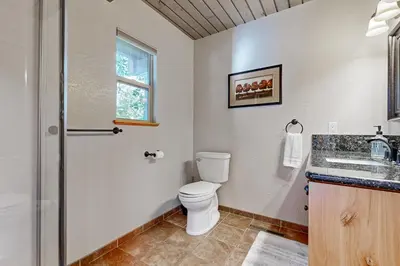 a bathroom with a toilet and a sink at Walk to Golf and Restaurants Serene Twain Harte Gem in Twain Harte