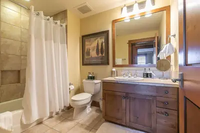 a bathroom with a toilet and a sink and a shower at Iron Horse Lodge North 307 by East West Hospitality in Truckee