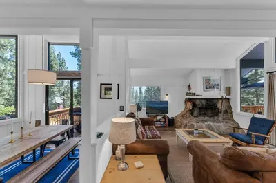 a living room with couches and a fireplace at Bright 3BR Near Kings Beach and Northstar in Tahoe Vista