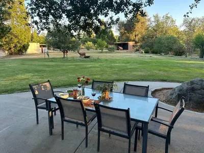 a table with four chairs and a blue table with flowers at Private Country Home Near Downtown - Sonora in Sonora