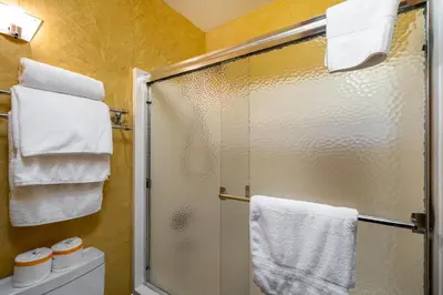 a bathroom with a shower with white towels at Cozy Corner Tamarack Condo 19 in Tamarack