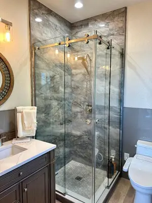 a bathroom with a shower with a sink and a toilet at Enchanted Property near Yosemite, View, Game Room in Ahwahnee