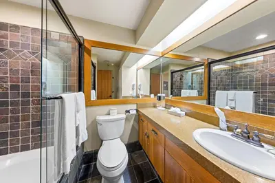 a bathroom with a toilet and a sink at Palisades Tahoe Lodge Rentals Premium Studio Loft #336 in Olympic Valley