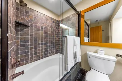 a bathroom with a tub and a toilet and a mirror at Palisades Tahoe Lodge Rentals Premium Studio Loft #336 in Olympic Valley