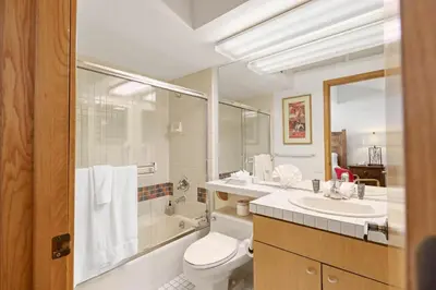 a bathroom with a toilet and a sink and a mirror at Palisades Tahoe Lodge Rentals Studio Loft #338 in Olympic Valley