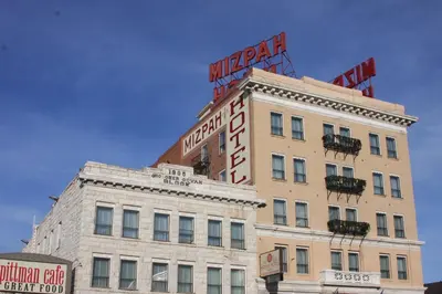 a building with a sign on the top of it at Mizpah Hotel in Tonopah