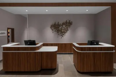 a lobby with a heart on the wall at Courtyard by Marriott Reno Sparks in Clark