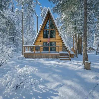 a cabin in the woods in the snow at Dogwood Peak Mid-Century A-Frame with AC Style in Shaver Lake