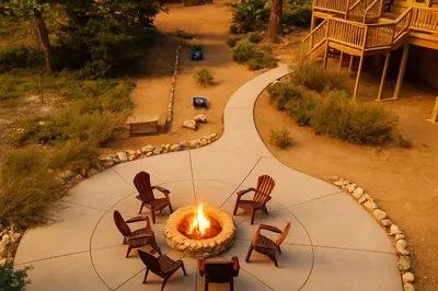 an overhead view of a patio with chairs and a fire pit at The Restful Rose Fireside Vibes AC Comfort in Shaver Lake