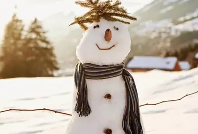 a snowman with a hat on its head in the snow at The Knotty Sparrow Prime Spot Smores Nights in Shaver Lake