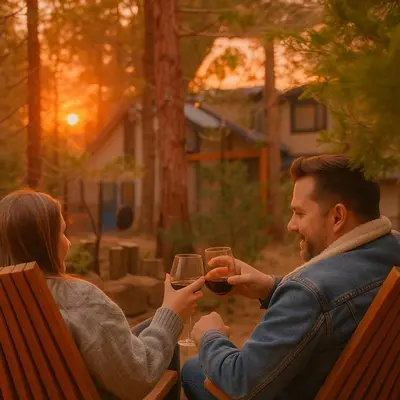 a man and a woman holding glasses of wine at The Sparrows Nest Cozy Charm Fire Pit Fun in Shaver Lake