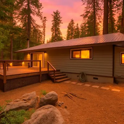 a house with a porch and a deck in the woods at Mystic Meadow Sweet Cabin Meadow Views in Shaver Lake