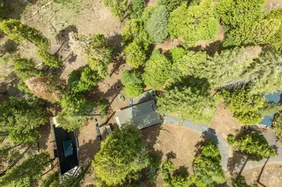 an overhead view of a house in a forest at Mystic Meadow Sweet Cabin Meadow Views in Shaver Lake