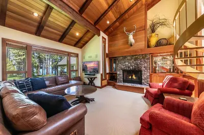 a living room with a couch and a fireplace at Chambers Lakeside Escape w Lake Views & HOA Access! in Homewood