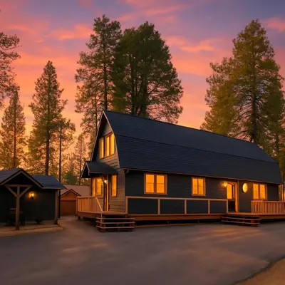 a large black house with a gambrel roof at The Elderberry Retreat - It's a Dream Location! in Shaver Lake