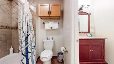 a bathroom with a toilet and a tub and a sink at Summit #48 condo in Mammoth Lakes