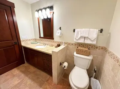 a bathroom with a toilet and a sink and a mirror at Luxury Townhome w/ Views, Private Jacuzzi & Garage in Mammoth Lakes