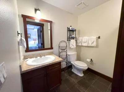 a bathroom with a sink and a toilet and a mirror at Luxury Townhome w/ Views, Private Jacuzzi & Garage in Mammoth Lakes