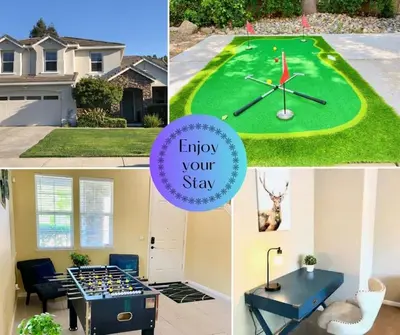 a collage of four pictures of a house with a golf course at Cheerful & Spacious house to relax and unwind in Tracy
