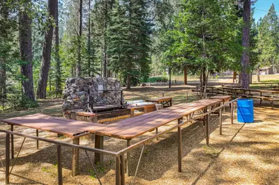 a group of picnic tables in a park at California Mountain Cabin with Lake Access and Deck! in Long Barn