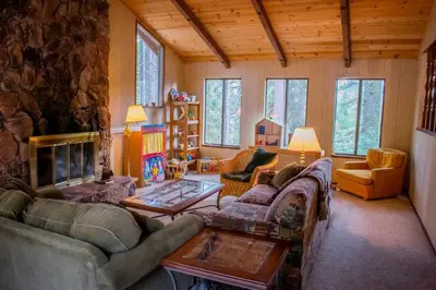 a living room with couches and a stone wall at HighlandHouse in Arnold