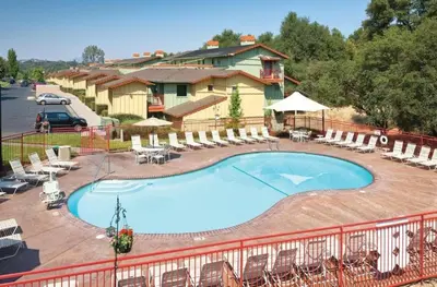 a view of a swimming pool on a balcony of a resort at WorldMark Angels Camp - 1BD in Angels Camp