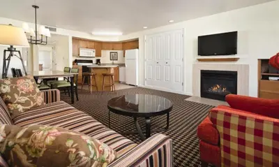 a living room with a couch and a fireplace at WorldMark Angels Camp - 1BD in Angels Camp