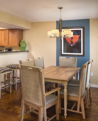 a dining room with a wooden table and chairs at Worldmark South Shore 2bd- sleeps 6 in Zephyr Cove