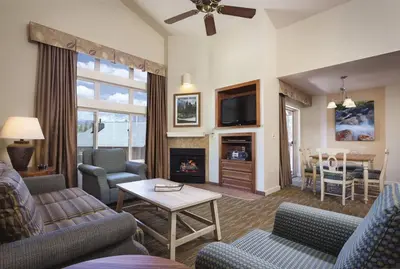 a living room with a couch and a fireplace at Worldmark South Shore 2bd- sleeps 6 in Zephyr Cove