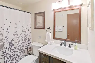 a bathroom with a sink and a toilet and a shower at The Valley View- Pine Mountain Lake Cabin home in Groveland