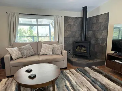 a living room with a couch and a fireplace at Manzanita Hideaway Hot Tub Sunset views Yosemite in Ahwahnee