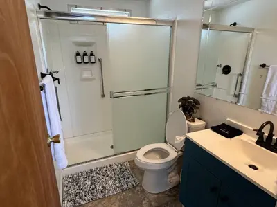 a bathroom with a shower and a toilet and a sink at Manzanita Hideaway Hot Tub Sunset views Yosemite in Ahwahnee