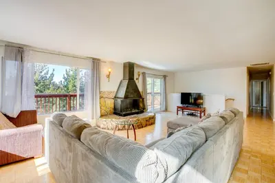 a living room with a couch and a fireplace at Scenic Home with Sauna - 7 Mi to Heavenly Mountain! in Kingsbury