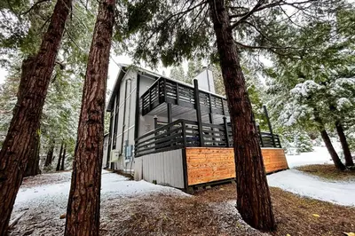 a house in the woods with trees at Snowy Pines in Fish Camp