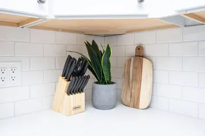 a kitchen counter with knives and a potted plant at Studio on Main Street in Roseville