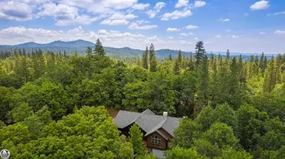 an aerial view of a house in the middle of a forest at Sierra Haus Cottage with Private Lake Access in Sonora