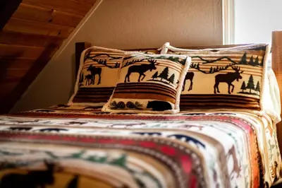 a bed with two pillows with animals on it at Moose Haven - Family Favorite! Close to beaches! in South Lake Tahoe