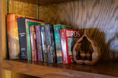 a row of books on a shelf with a bunch thereof at Sequoia Zen River House in Three Rivers