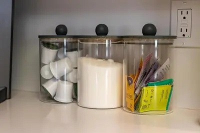 a container of milk sitting on top of a counter at Sequoia Zen River House in Three Rivers