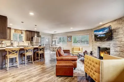 a living room with a couch and a fireplace at Bear Cub Cabin - Pets - Hot tub - Arcade Game in Mevers