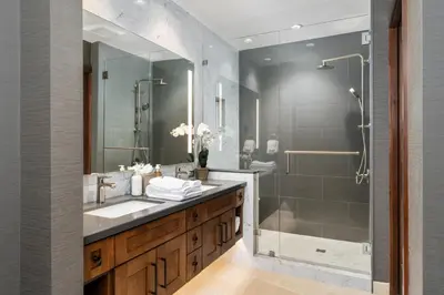 a bathroom with a sink and a shower at Luxury 4BDR Residence steps from Heavenly Village condo in South Lake Tahoe