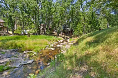 a stream in a field next to a house at Peaceful Creekside Buddha Retreat in Groveland