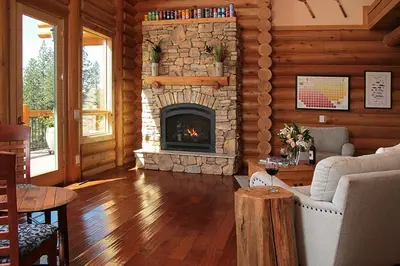 a living room with a fireplace in a log cabin at Courtwood Inn in Murphys