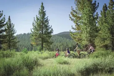 a group of people riding bikes in a field at Cozy and central Tahoe cabin with private hot-tub outdoor fireplaces close to slopes in Ridgewood