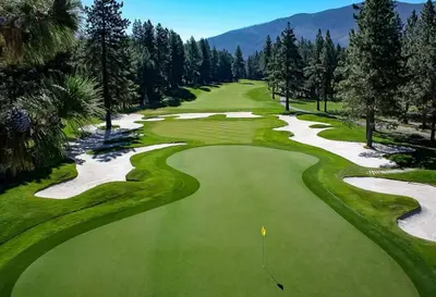 an overhead view of a green golf course at Cozy and central Tahoe cabin with private hot-tub outdoor fireplaces close to slopes in Ridgewood