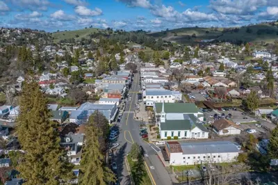 an aerial view of a small town with a street at Romantic Victorian Getaway The Hideaway in Sutter Creek