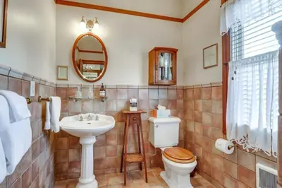 a bathroom with a toilet and a sink and a mirror at Romantic Victorian Getaway The Fox in Sutter Creek