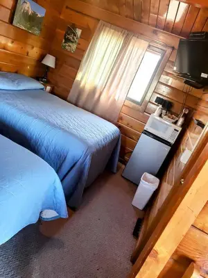 a bedroom with two beds and a television in a cabin at Big Meadow Lodge in Bridgeport